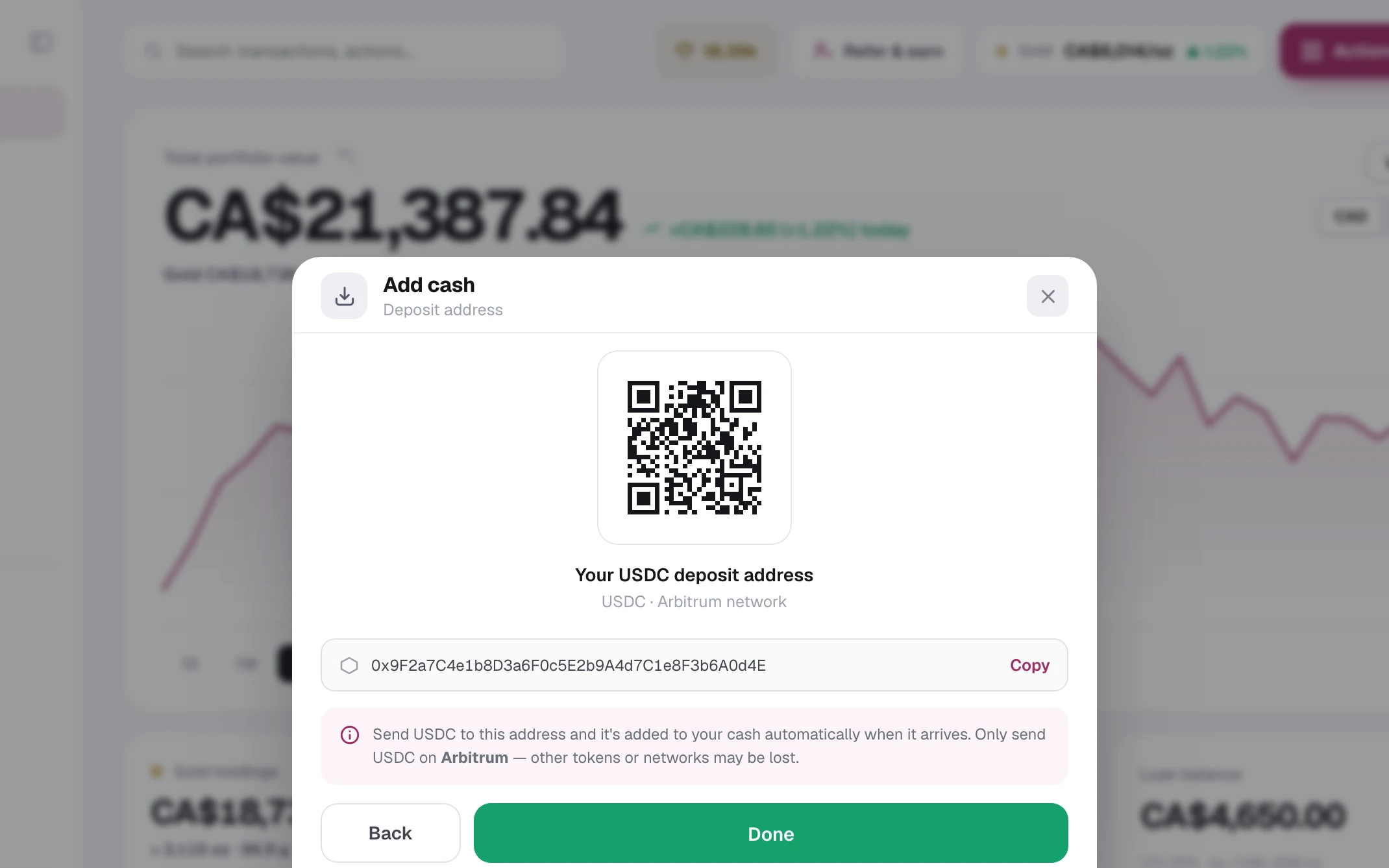 Auri web app: adding cash with a real deposit address and QR