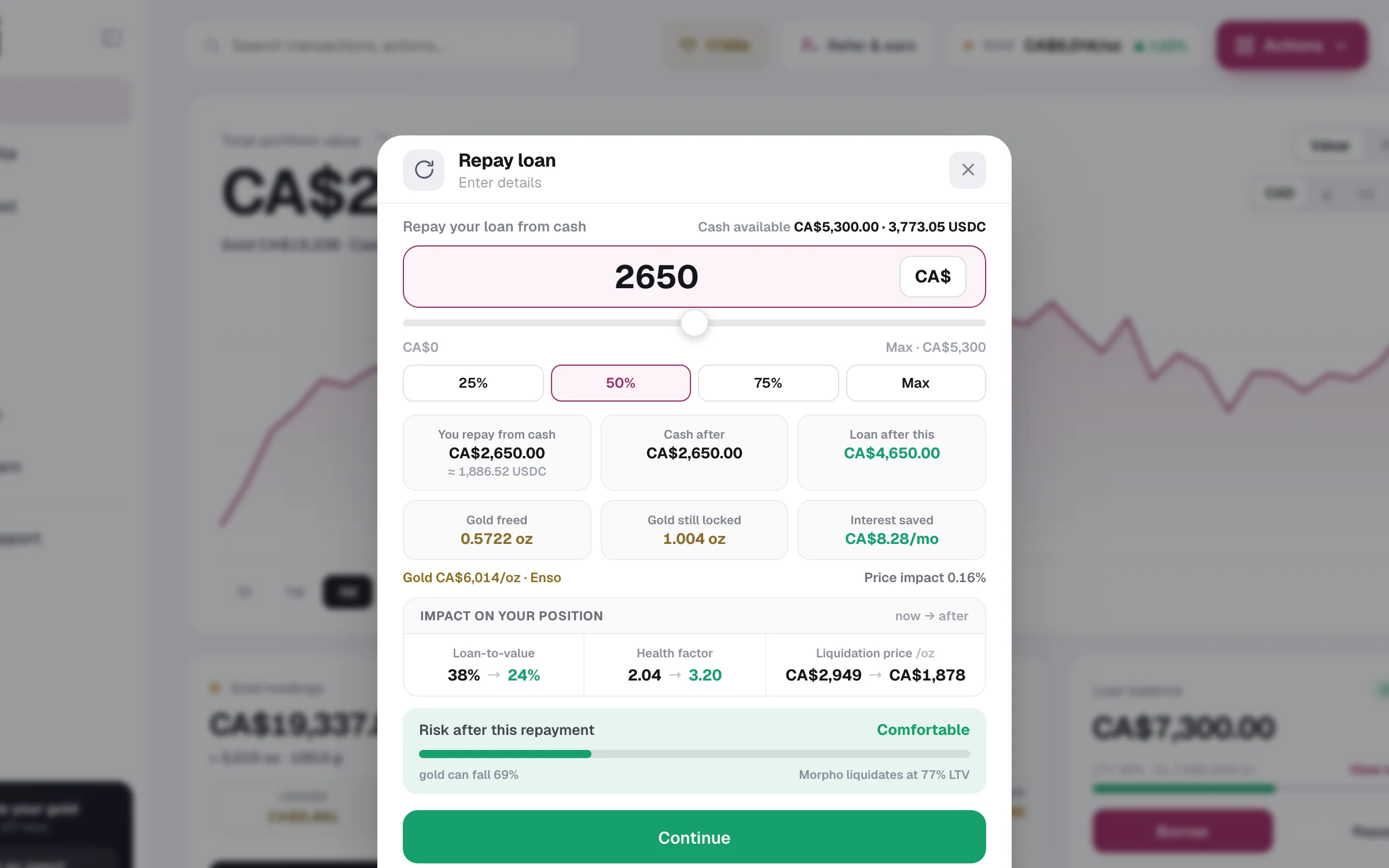 Auri web app: repaying a loan and seeing the position improve before confirming