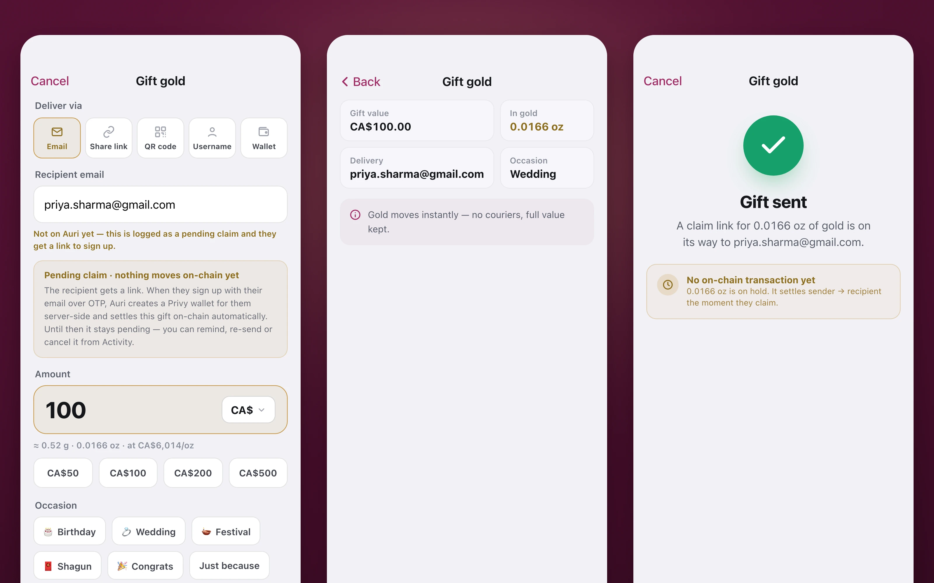 Auri on the phone (prototype): gifting gold by email, held as a claim until the recipient joins