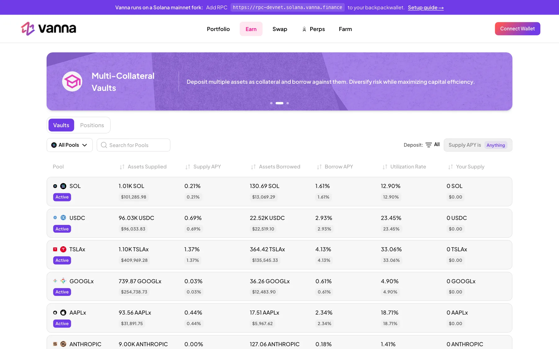 Vanna on Solana: lending pools for SOL, USDC and tokenised stocks
